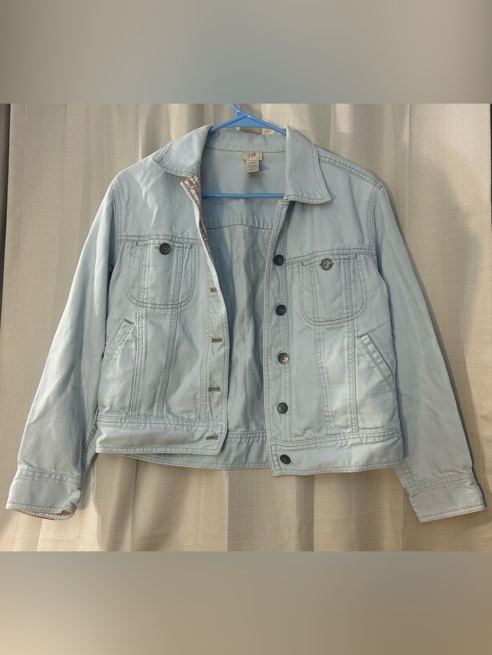 J. Jill Light Wash Denim Jacket Womens XSP Plaid Trim Trucker Jean